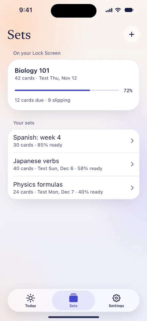 Terminus’s Sets screen: Biology 101 on the Lock Screen, 72% ready for its test on Thursday, November 12, and three more sets, each with its own test date and readiness.