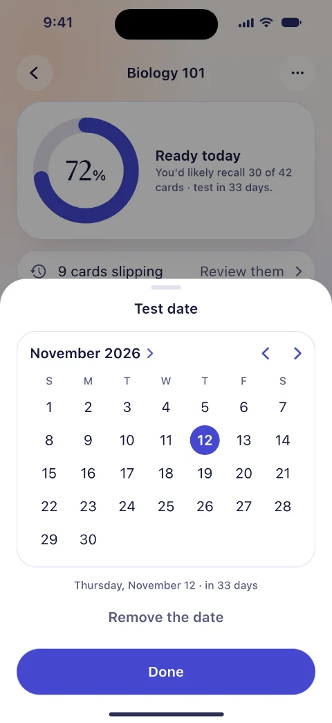 A calendar in Terminus with November 12 picked as the test date, 33 days away.