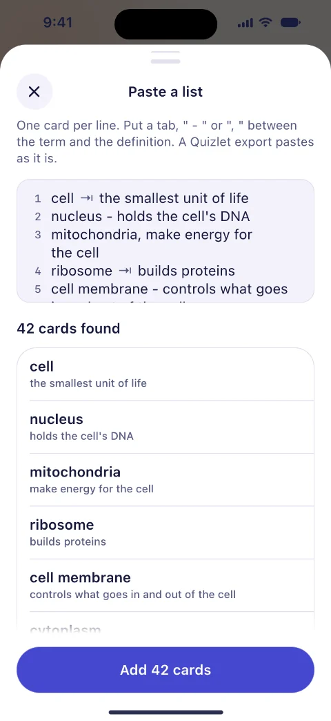 Terminus’s Paste a list screen: biology terms with their meanings, and 42 cards found.