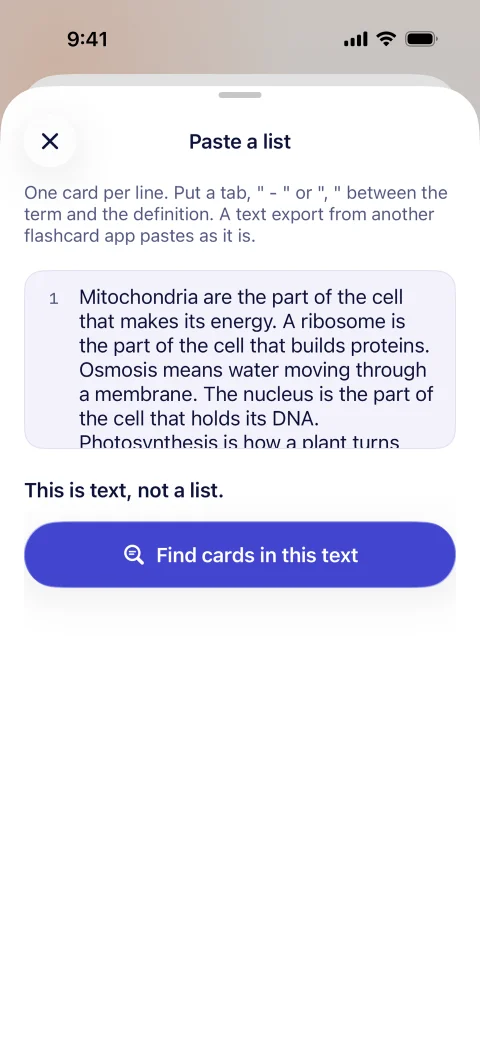 Terminus’s Paste a list screen with a paragraph about the cell pasted in, the line This is text, not a list, and the button Find cards in this text.